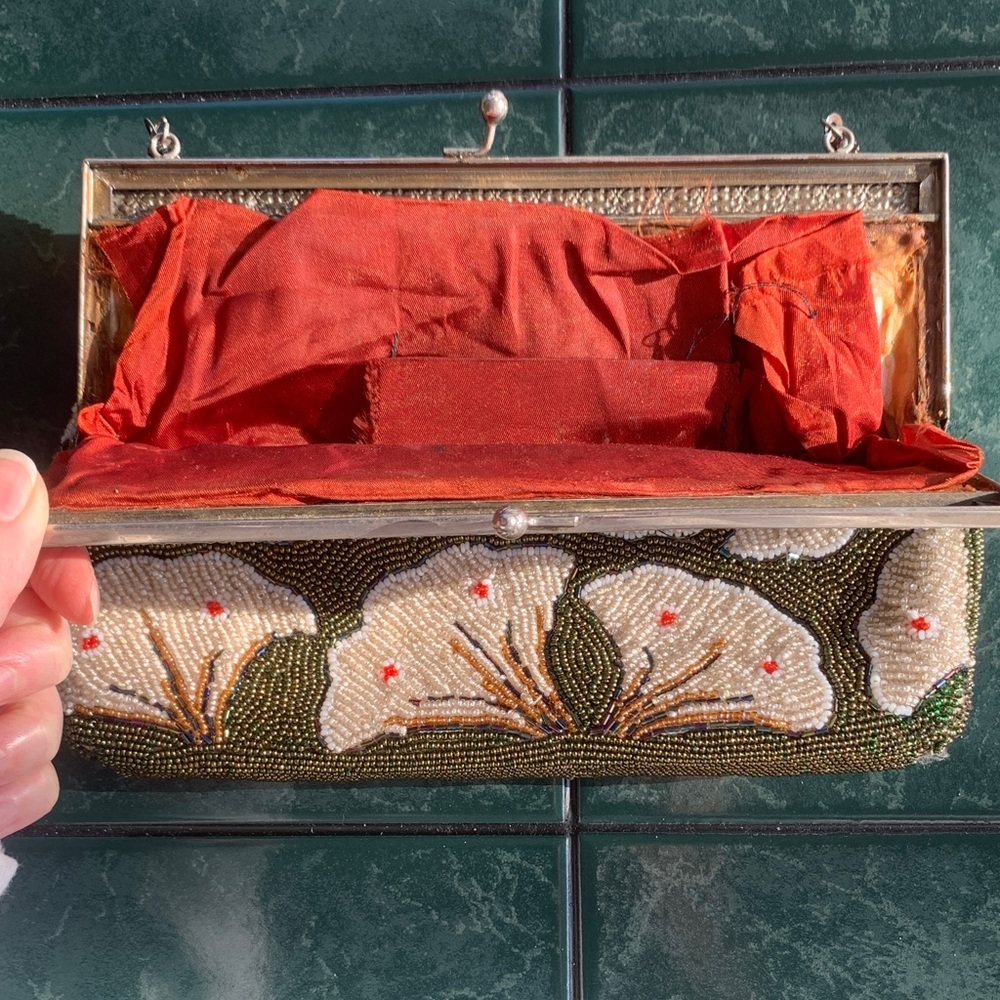 Unique Vintage Beaded Olive Green and Cream Floral Clutch - Picture 3 of 5